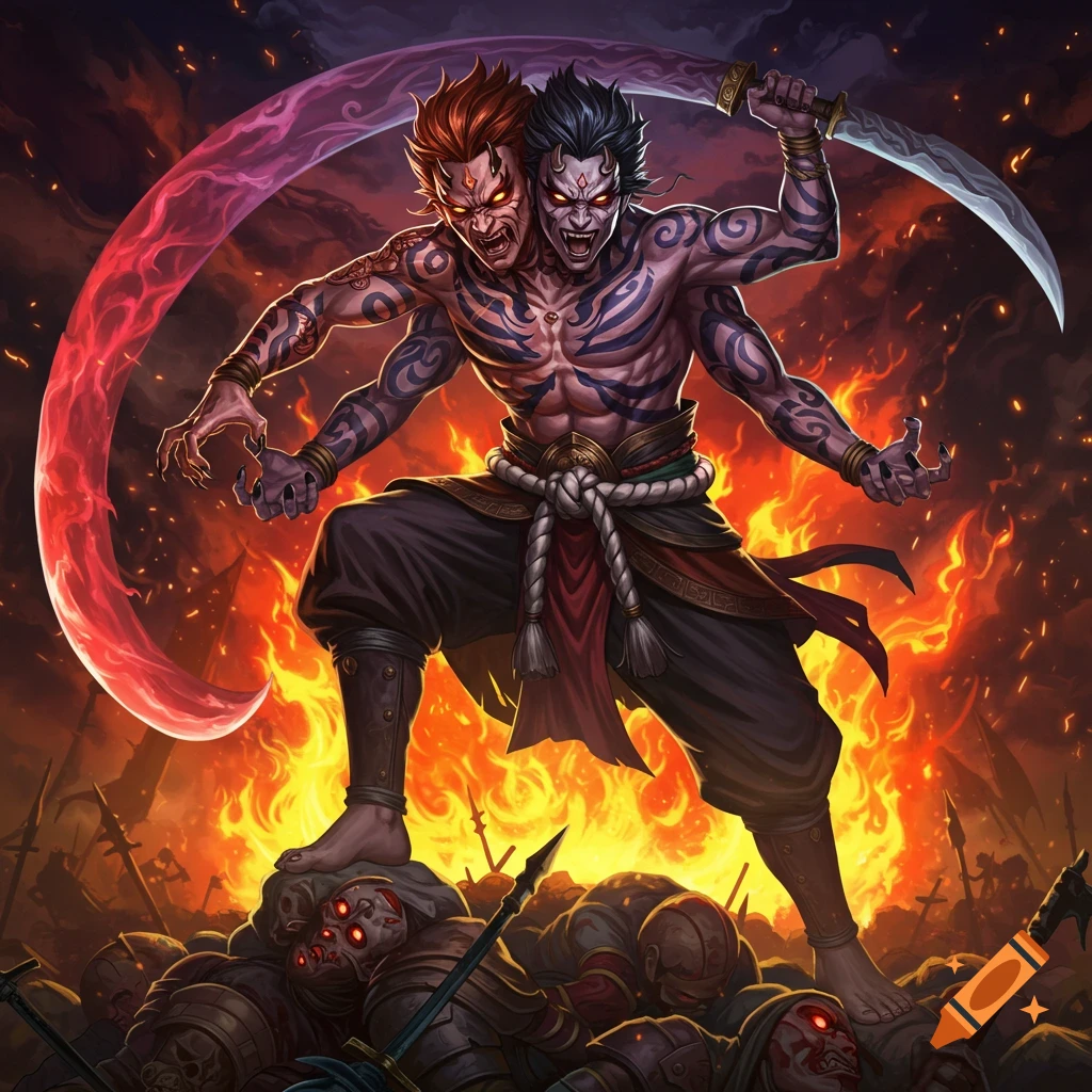 A two-headed, four-armed demonic figure with tribal tattoos stands menacingly on a pile of bodies amid flames, holding swords.