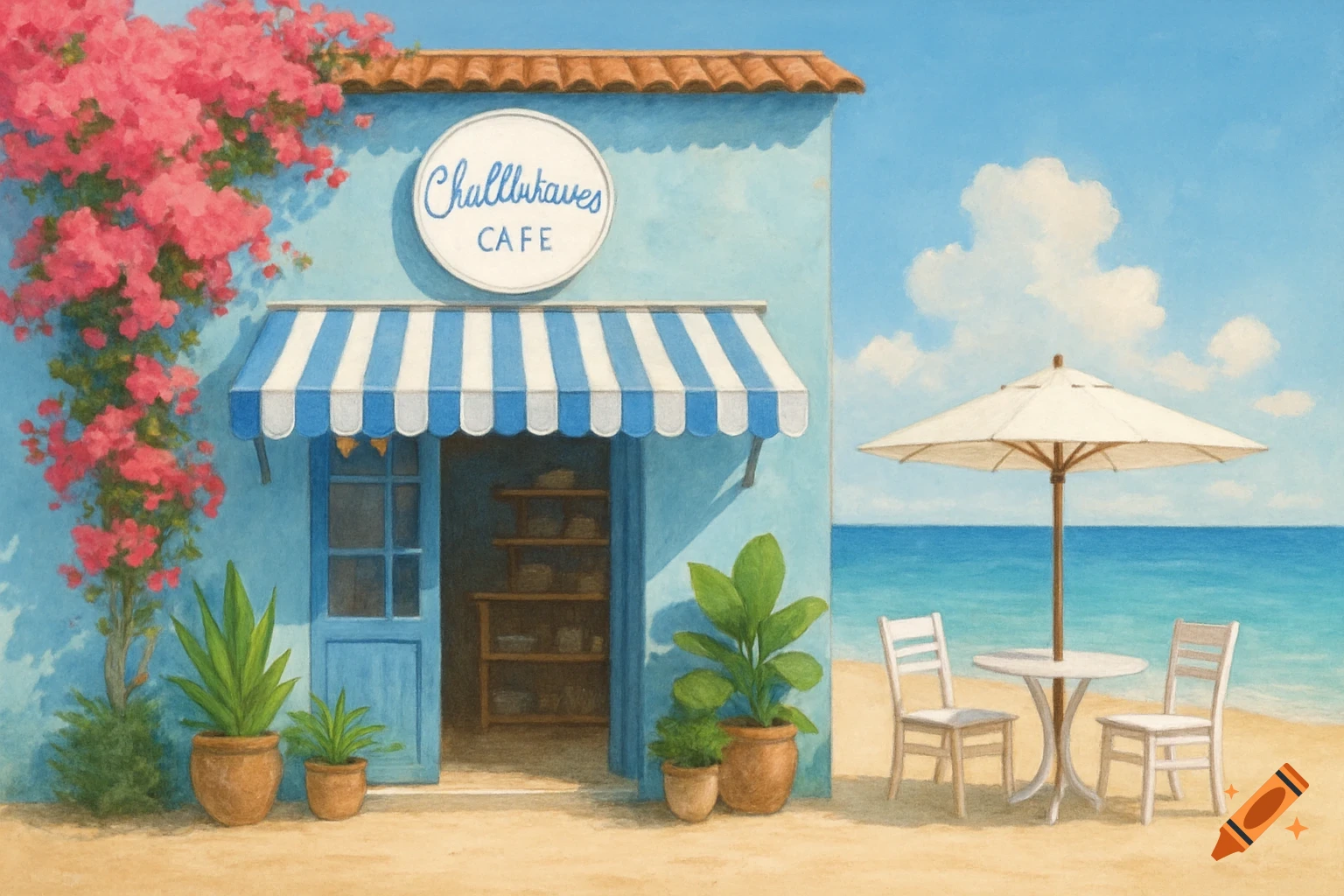 A light blue cafe with a blue and white striped awning on a sunny beach, with pink bougainvillea and potted plants. An outdoor table with chairs and an umbrella overlooks the turquoise ocean.