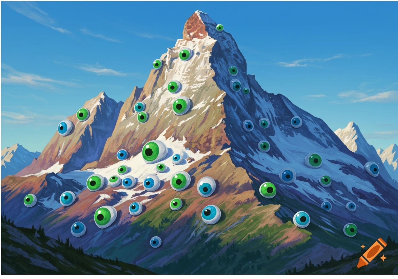 A mountain covered in dozens of blue and green googly eyes under a clear blue sky.