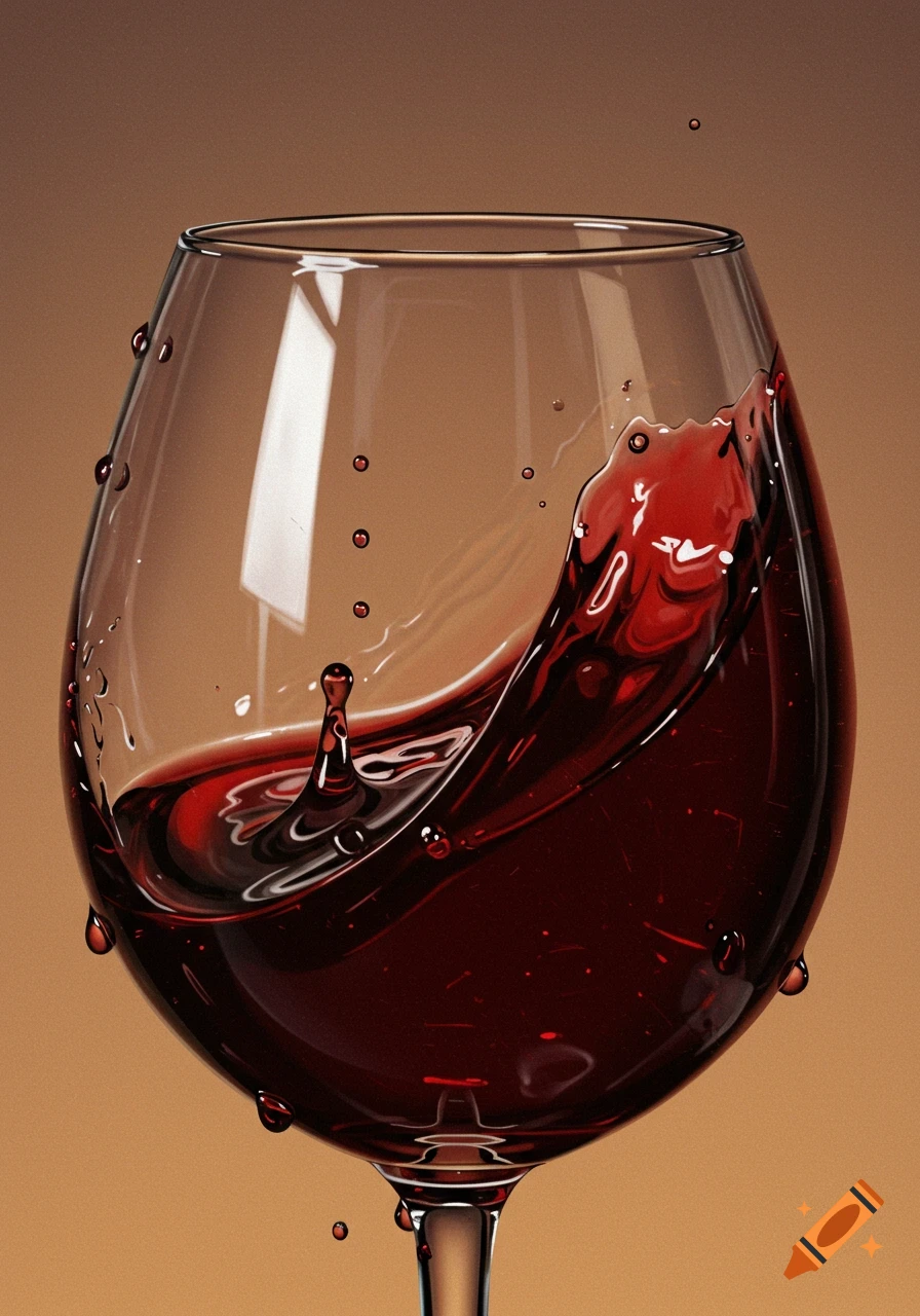 Photorealistic close-up of red wine splashing inside a wine glass with droplets on the outside.