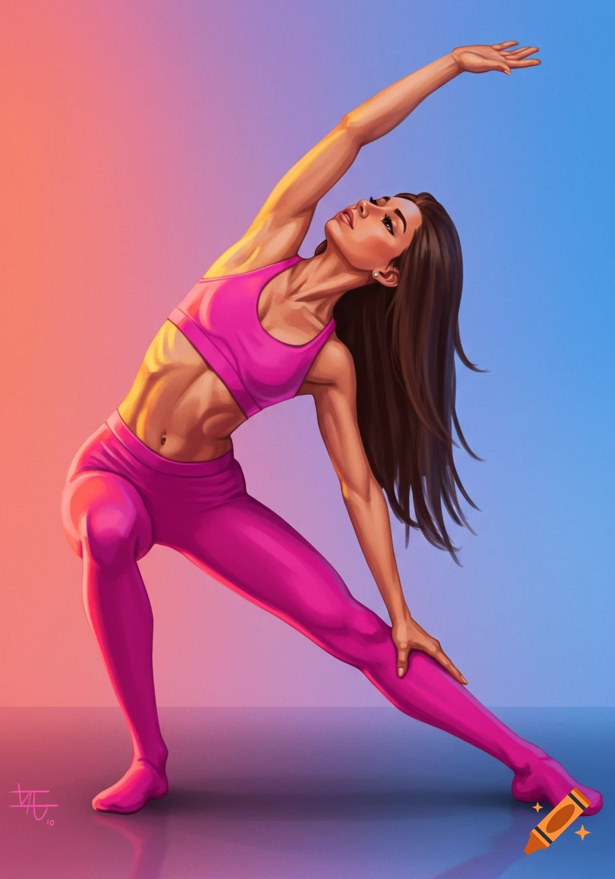 Digital art of an athletic woman in pink activewear stretching against a colorful background.