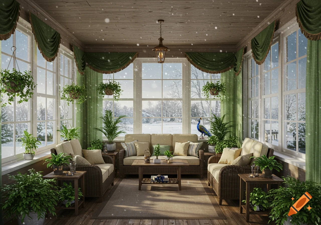 A cozy sunroom with wicker sofas, abundant green plants, and green curtains, looking out large windows at a snowy winter landscape with falling snow. A peacock statuette is on the windowsill.