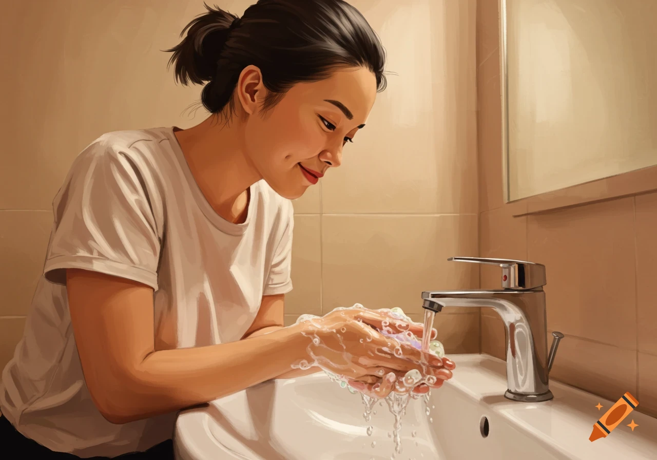 A woman with dark hair in a bun washes her hands with soap and water at a bathroom sink, painted style.