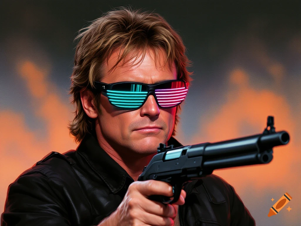 Man with glowing striped sunglasses and a leather jacket holding a shotgun, looking intense. Photorealistic, 80s sci-fi style.
