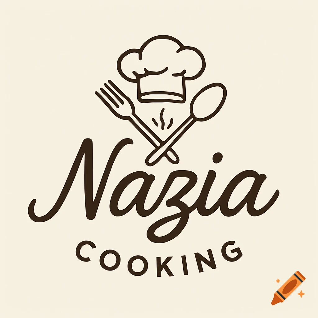 A minimalist line art logo featuring a chef's hat above crossed fork and spoon, with the text 'Nazia Cooking'.