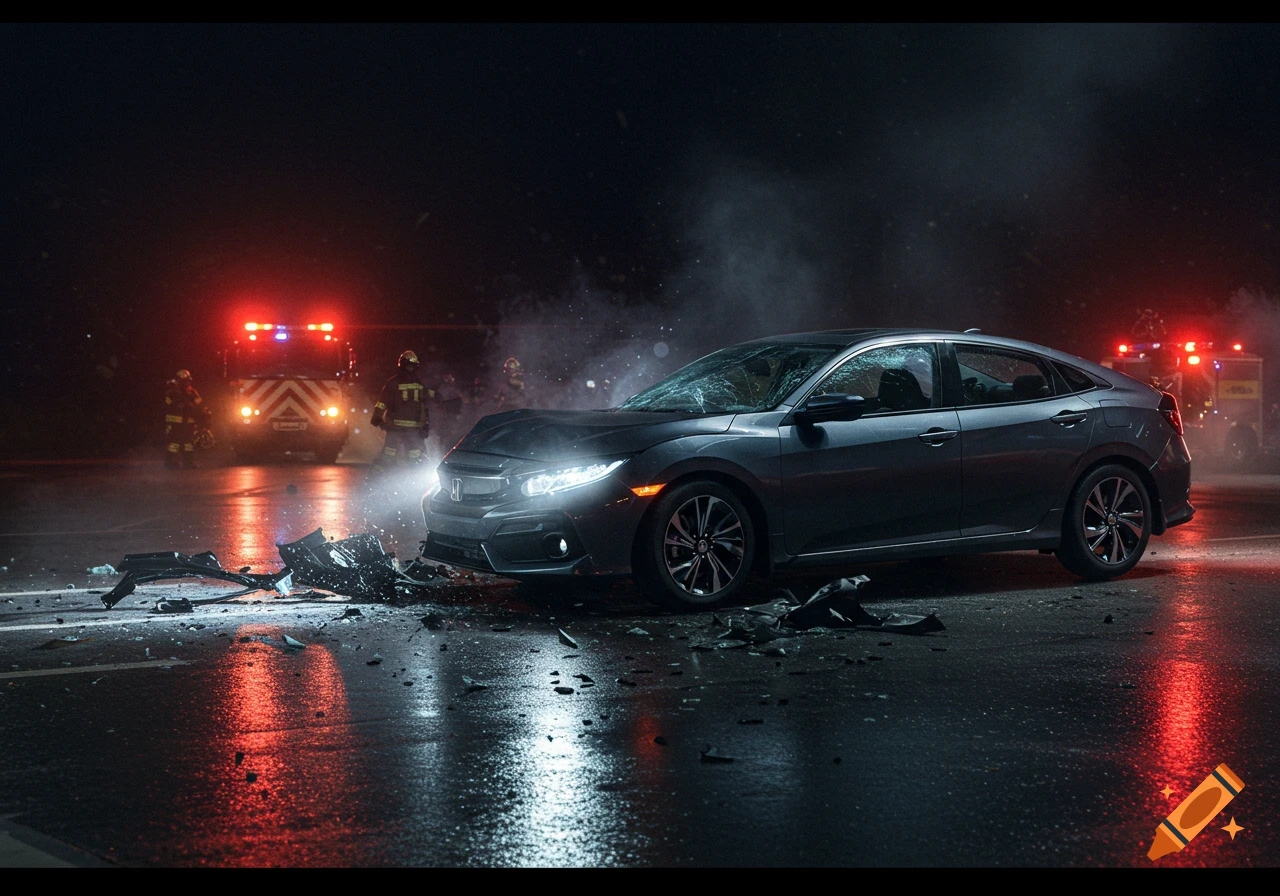A dark gray car with a smashed front end and shattered windshield is surrounded by debris on a wet road at night, with emergency vehicles and firefighters in the background.