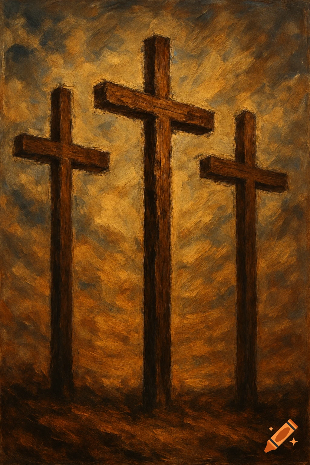 Three wooden crosses stand against a dramatic, textured sky in a painterly style.