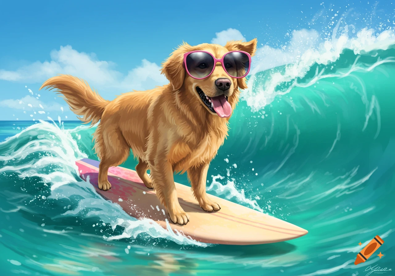 A golden retriever dog wearing pink sunglasses surfs a large blue ocean wave on a pink and orange surfboard under a clear sky, in a vibrant cartoon style.