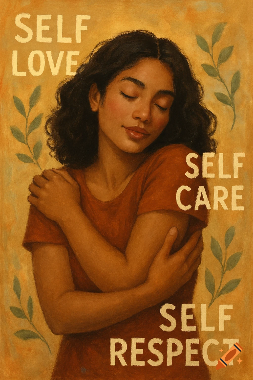 A woman embraces herself, with 'Self Love', 'Self Care', and 'Self Respect' around her, in a warm, illustrative style.