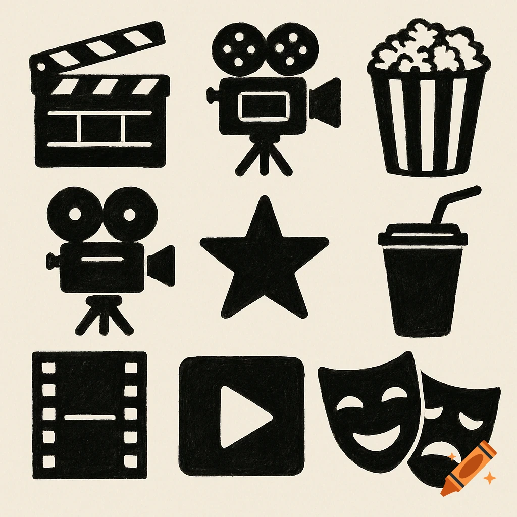 A grid of black and white movie and cinema icons including a clapperboard, film cameras, popcorn, and theater masks in a hand-drawn style.