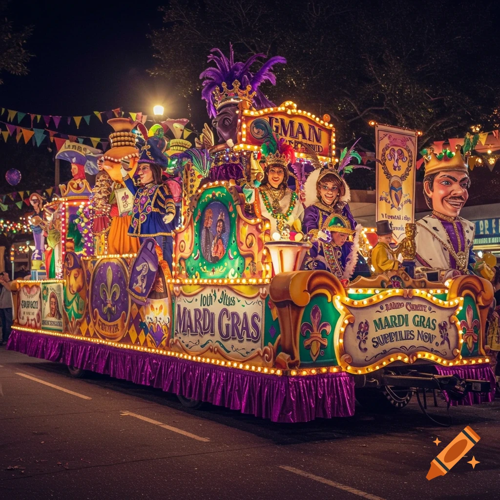 A brightly lit Mardi Gras parade float adorned with costumed figures, banners, and lights, moving down a street at night.