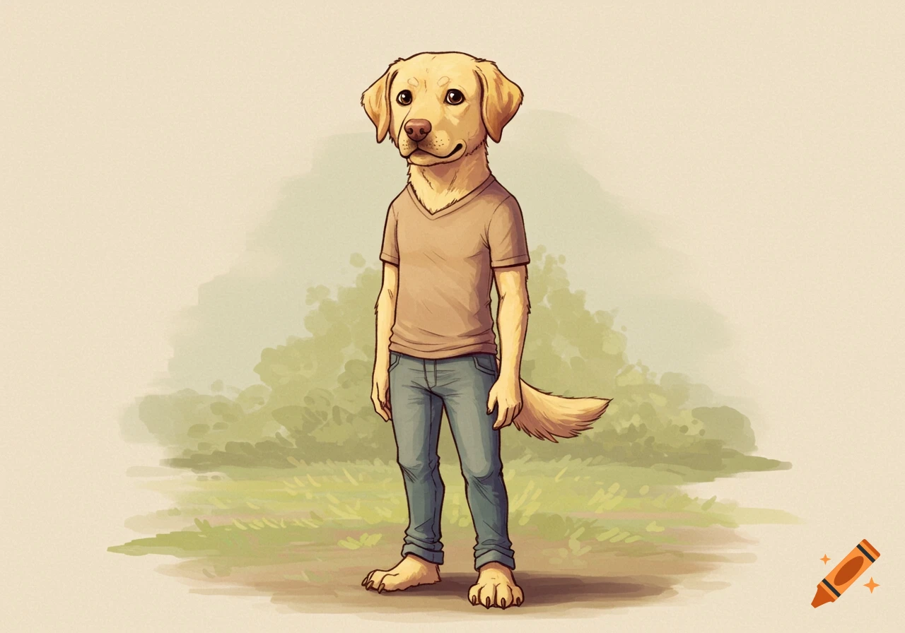 An illustration of a humanoid Labrador retriever wearing a brown t-shirt and blue jeans, standing outdoors with a green, brushstroke-style background.