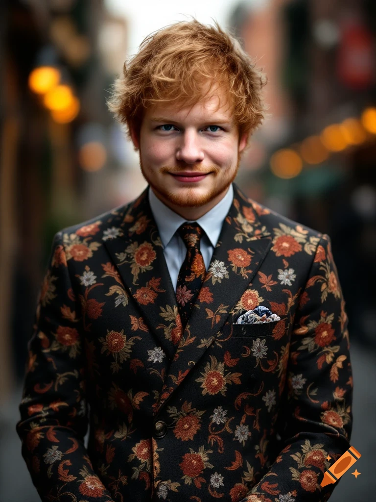 A photorealistic portrait of Ed Sheeran wearing a dark suit with an intricate orange and brown floral pattern, standing outdoors.