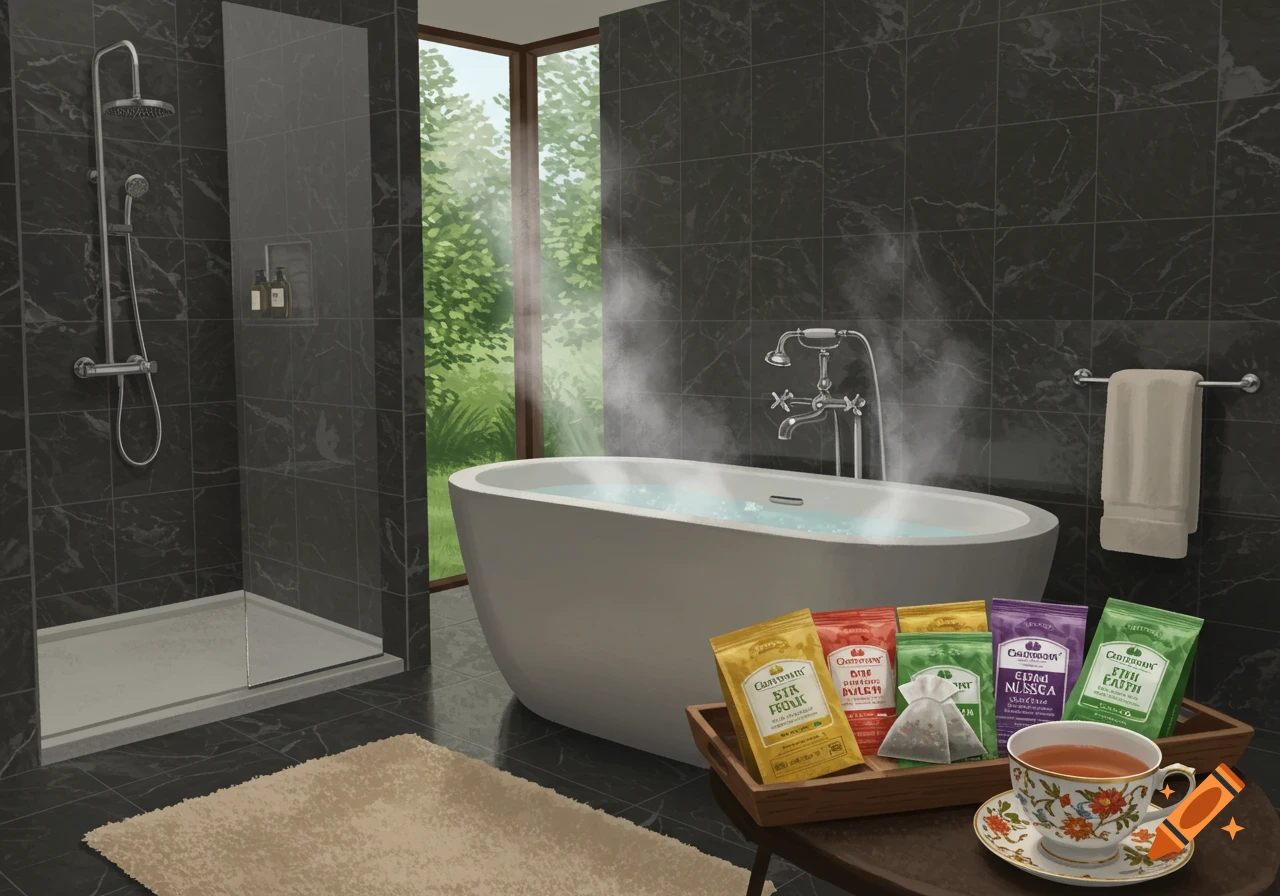 A luxurious bathroom featuring a steaming freestanding bathtub, a shower with glass partition, and a wooden tray holding colorful tea bags and a cup of tea.