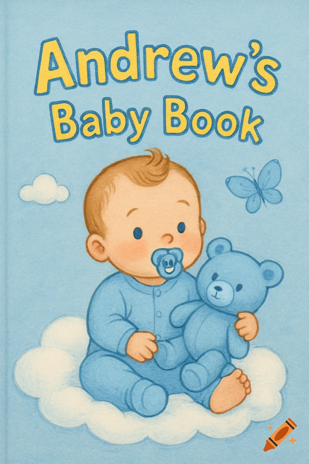 Illustration of a baby boy holding a blue teddy bear on a cloud, with a butterfly, on a light blue baby book cover titled Andrew's Baby Book.