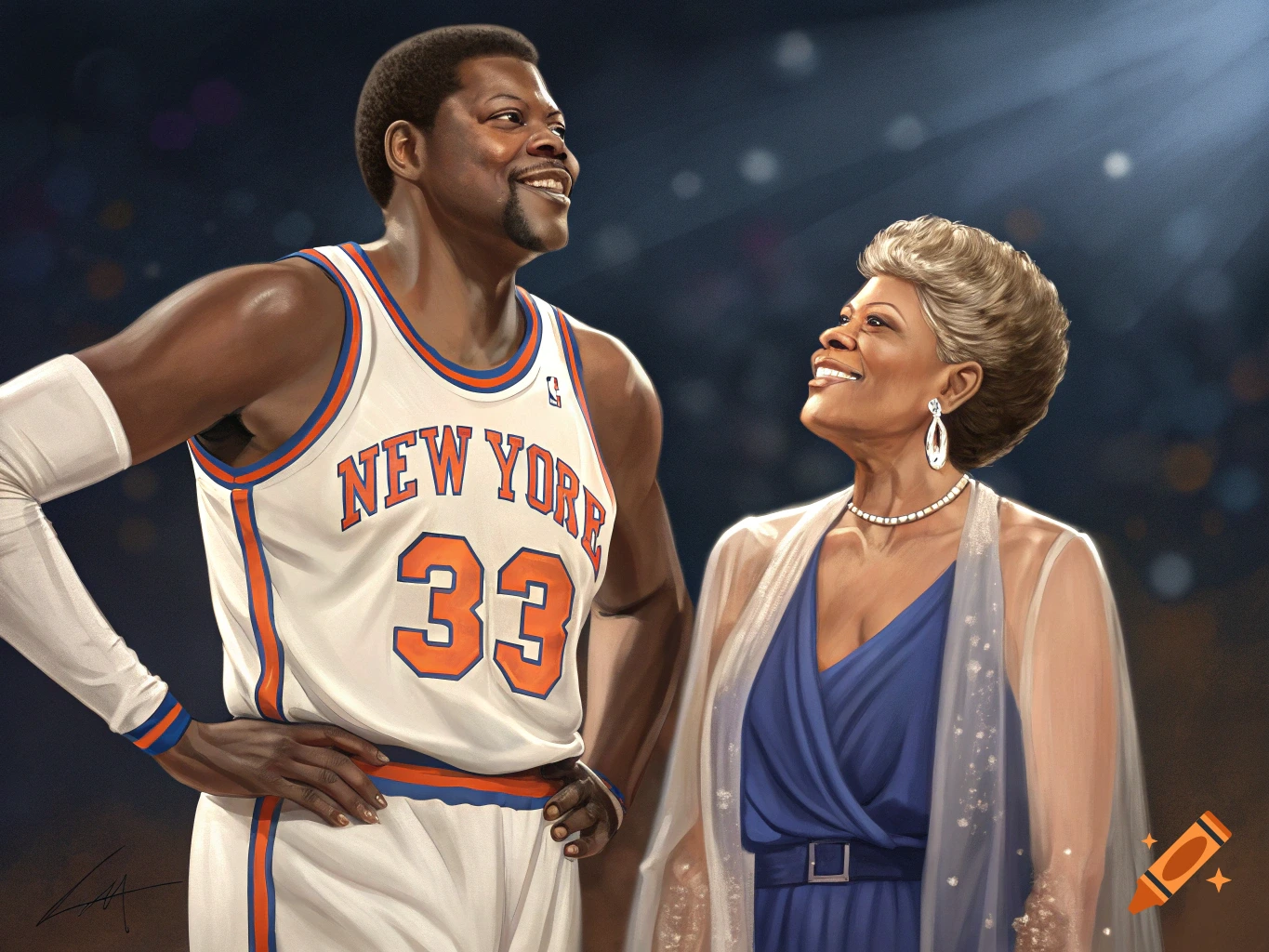 Illustrative portrait of smiling Patrick Ewing in a New York Knicks jersey and Dionne Warwick in a blue dress at an event.