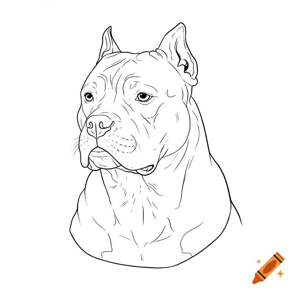 A black and white line art drawing of an American bulldog's head.