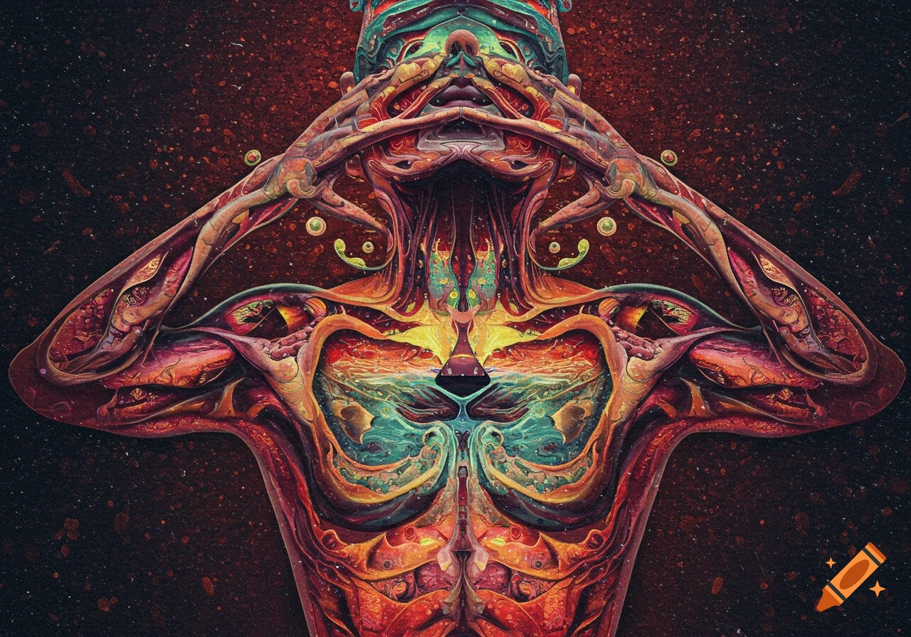 A psychedelic abstract artwork featuring a human-like torso with hands covering the head, in vibrant red, orange, yellow, and blue-green hues against a dark, speckled background.
