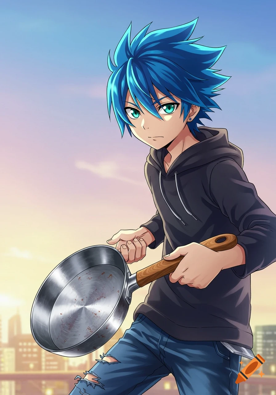 Anime boy with blue hair and green eyes, wearing a black hoodie, holding a frying pan.