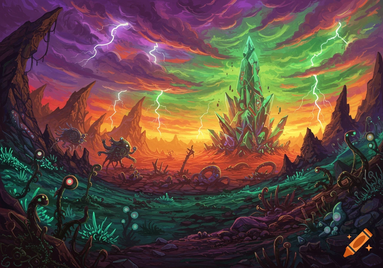 A vibrant, surreal alien landscape with green crystals, bizarre creatures, and lightning under a purple and green sky.