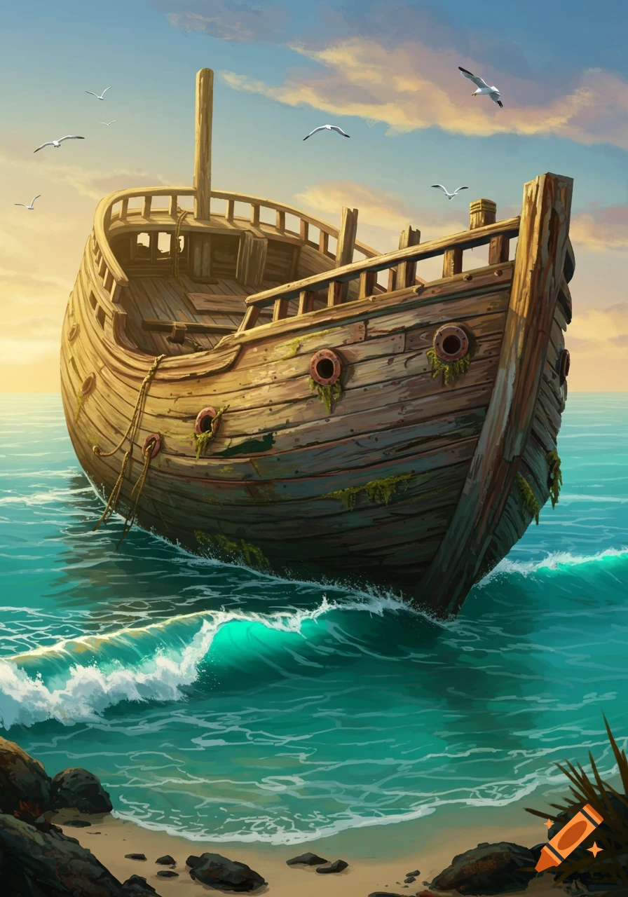 An old wooden shipwreck partially submerged in teal ocean waves near a sandy beach with rocks, under a blue and orange sky with seagulls flying.