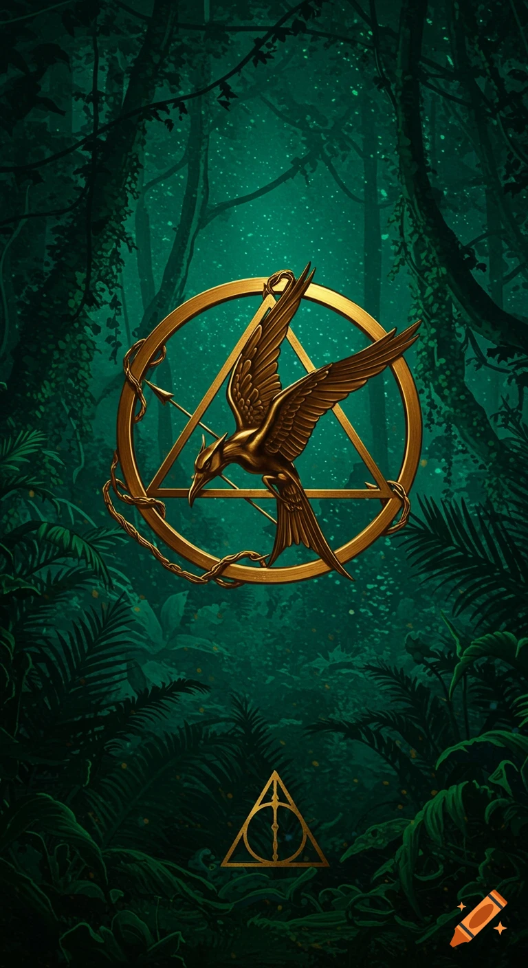 Golden Mockingjay and Deathly Hallows symbols in a dark, mystical forest setting.