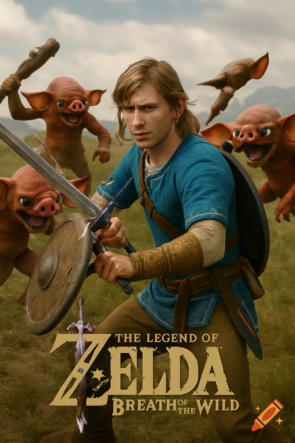 Photorealistic Link from Zelda: Breath of the Wild in a field, wielding a sword and shield against CGI Bokoblins.