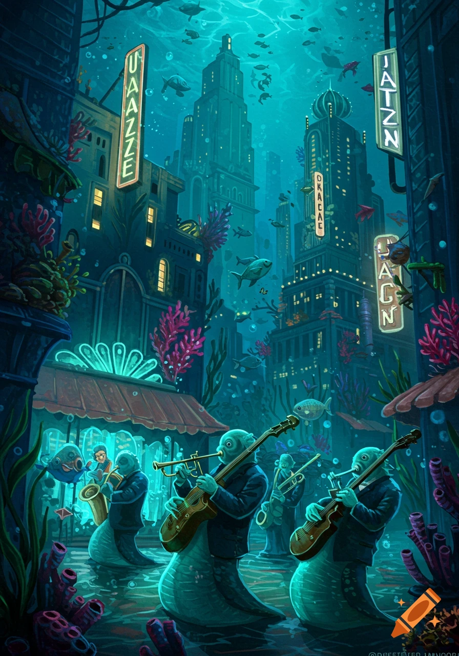An artistic depiction of an underwater city with glowing buildings and coral, where anthropomorphic fish-creatures play jazz music on a submerged street.