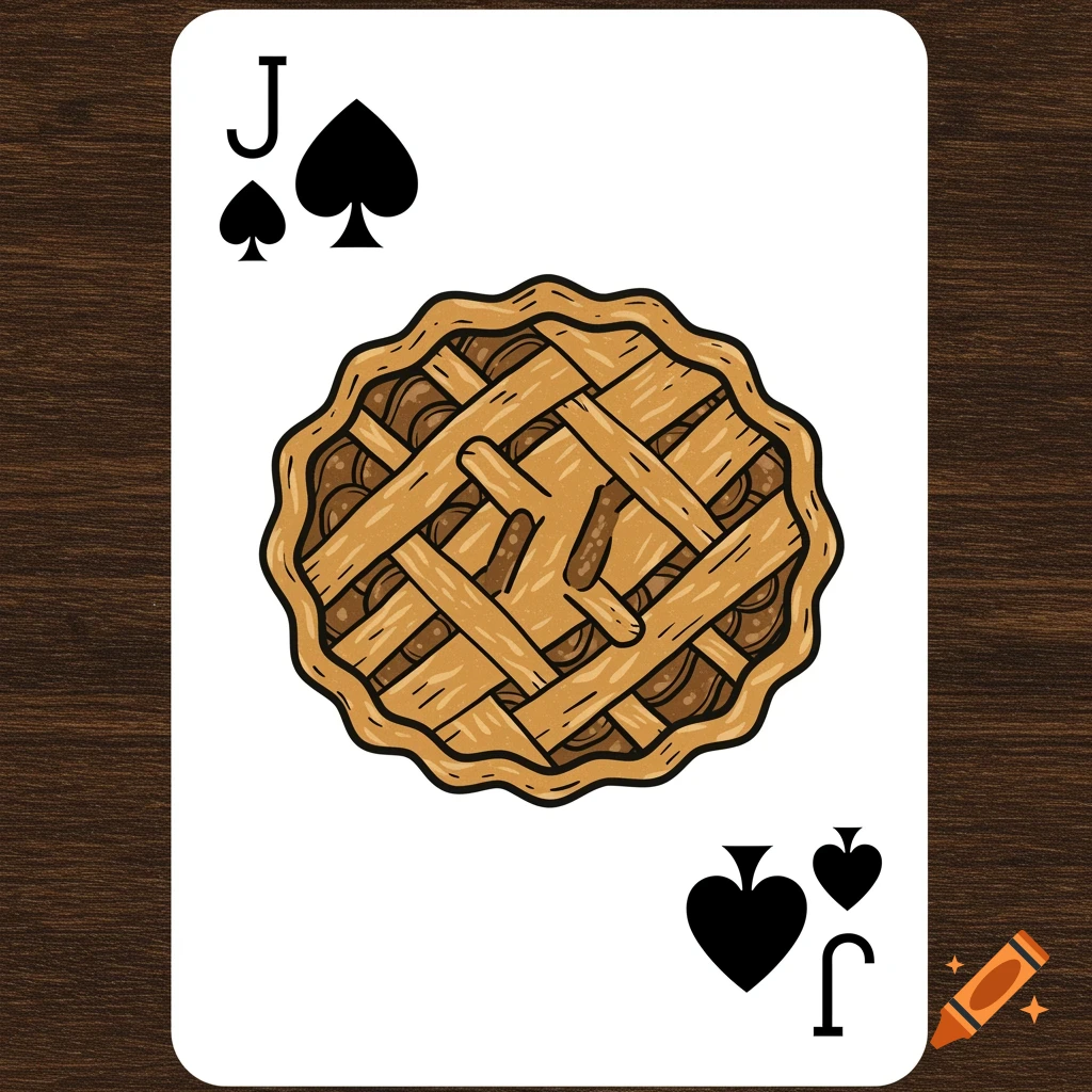 An illustrated Jack of Spades playing card, with black spade symbols replaced by outlines of apple pies. A large, detailed apple pie with a lattice crust is in the center.