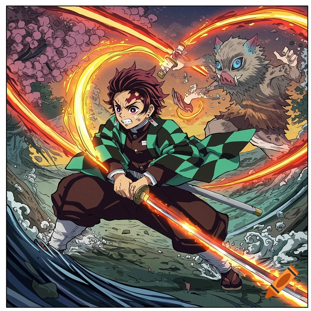 Tanjiro Kamado with a glowing sword and Inosuke Hashibira in action, depicted in a vibrant anime style.