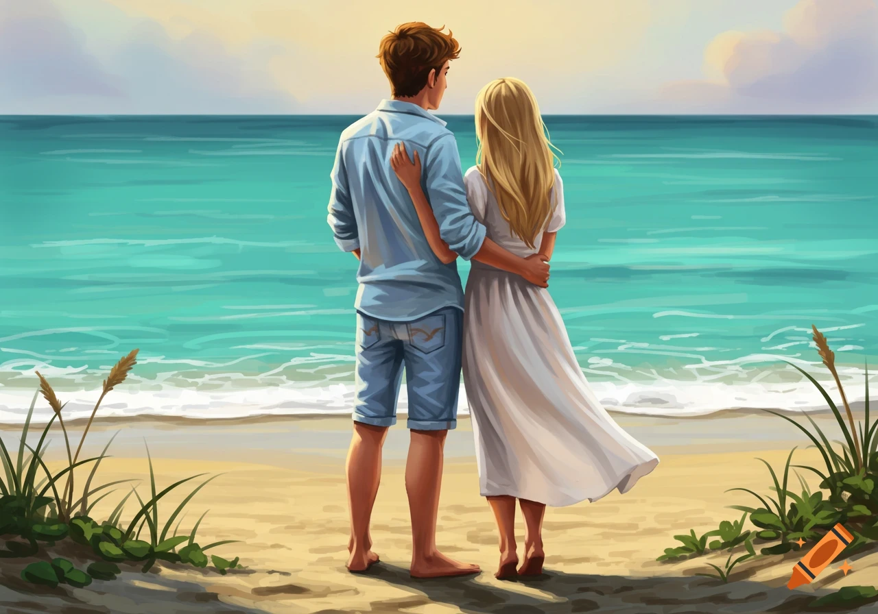 An illustrated couple embracing on a beach, looking at a turquoise ocean.