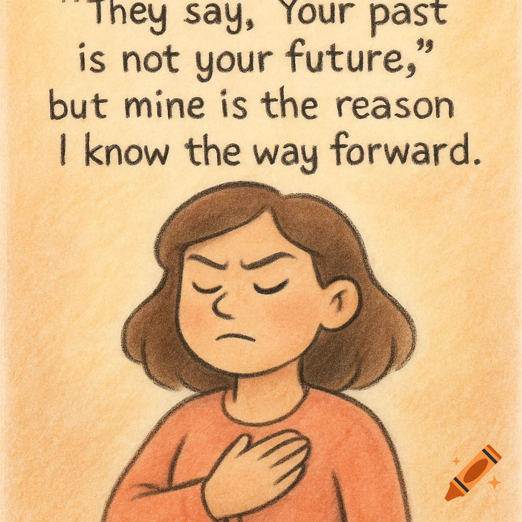 A soft pastel cartoon of a woman with her hand over her heart, eyes determined, with an inspirational quote.