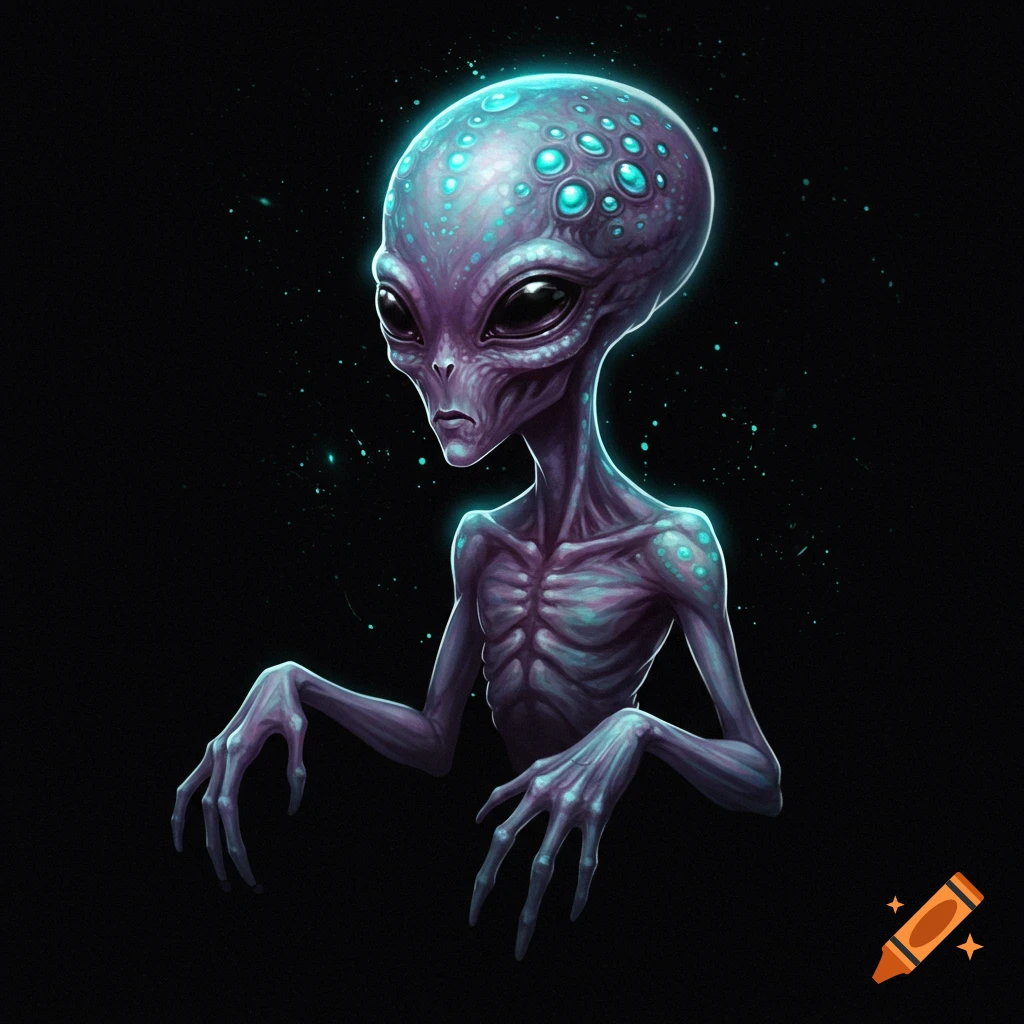A stylized purple and blue alien with large black eyes and glowing turquoise spots on its head and body, set against a dark background.
