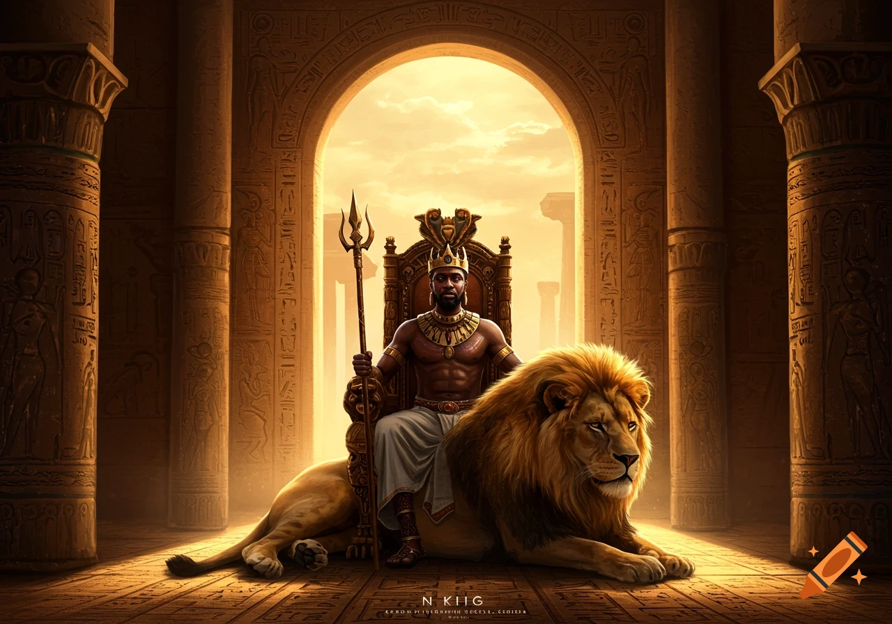 A powerful African king sits on a golden throne with a majestic lion by his side in an ancient temple.