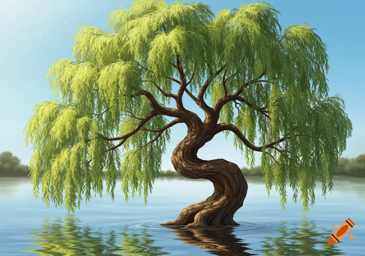 A twisted willow tree with bright green leaves stands in calm blue water under a clear sky.