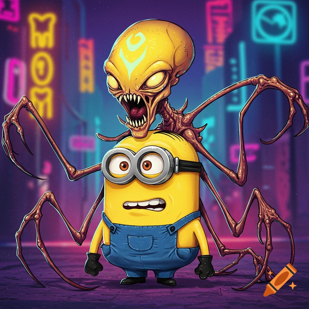A frightened yellow Minion with a grotesque orange alien creature emerging from its back, in a neon-lit city street.
