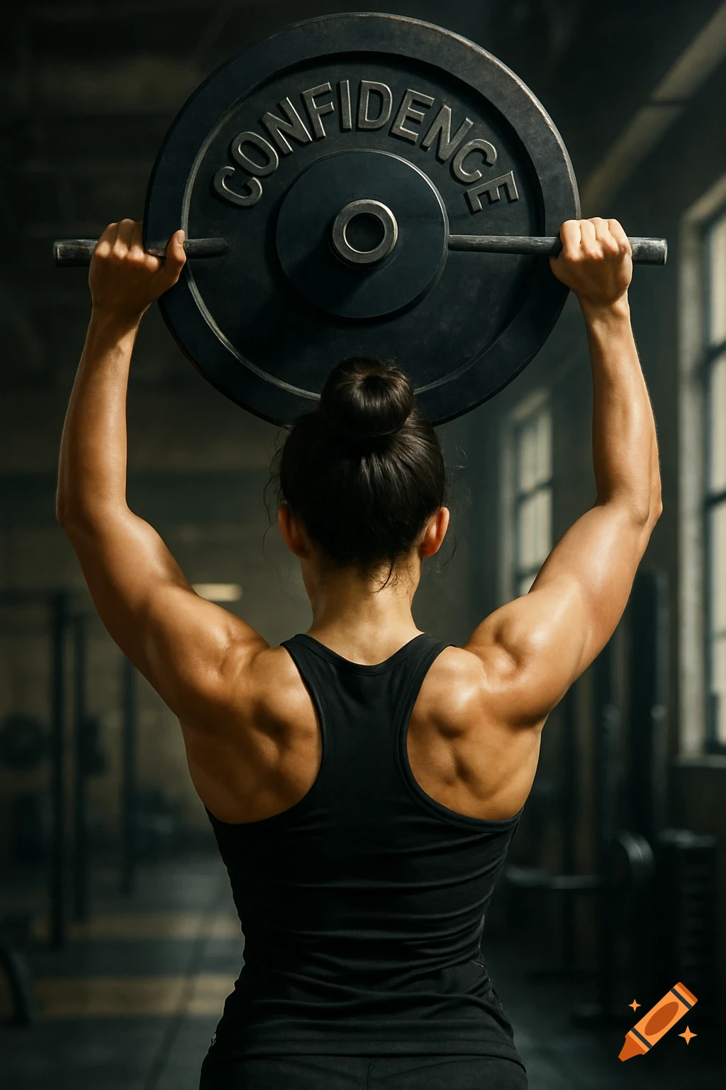 Muscular woman from behind lifting a barbell with 'CONFIDENCE' on the weight plate in a gym, photorealistic.