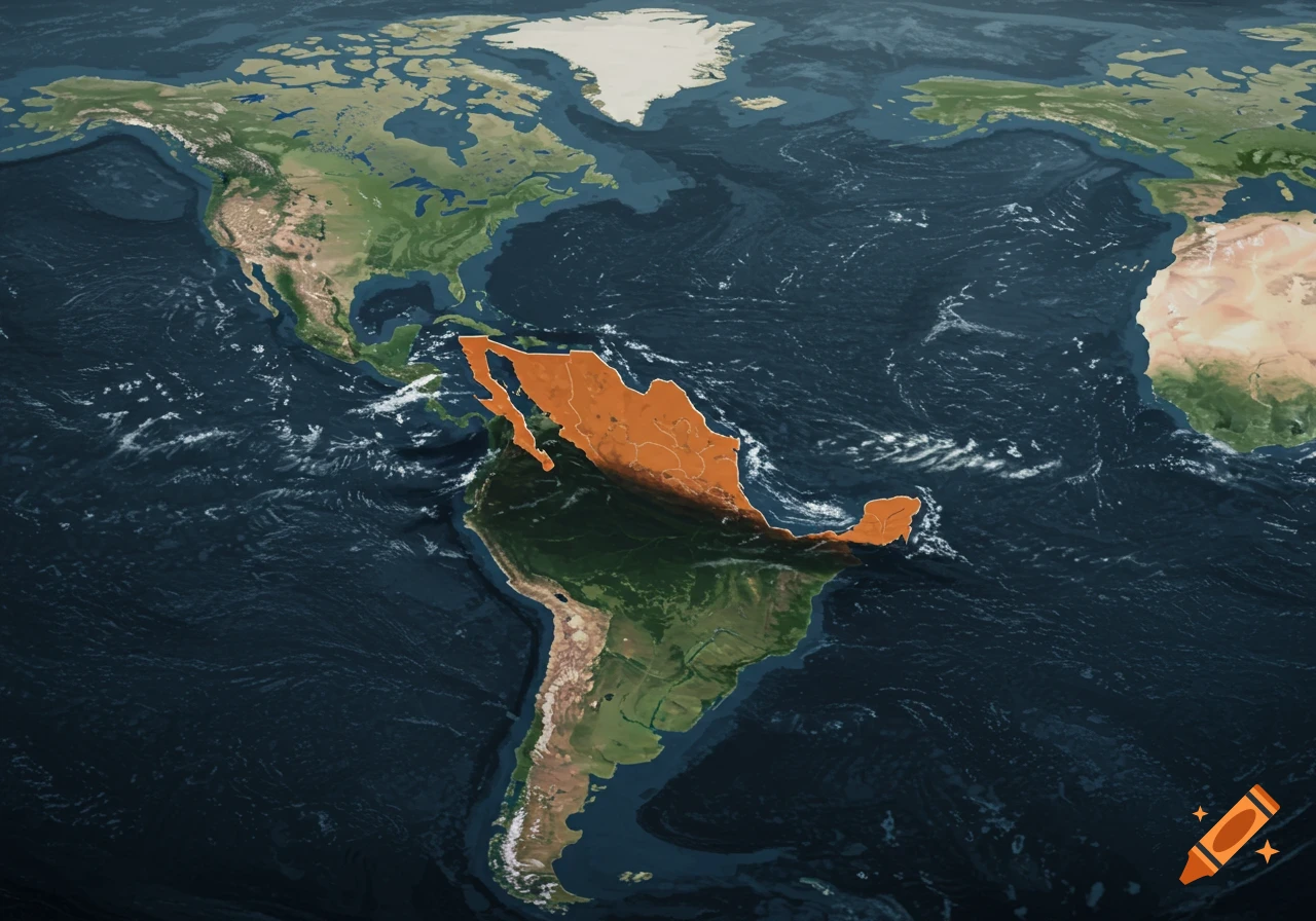 A detailed world map showcasing North and South America, with Mexico prominently highlighted in orange.