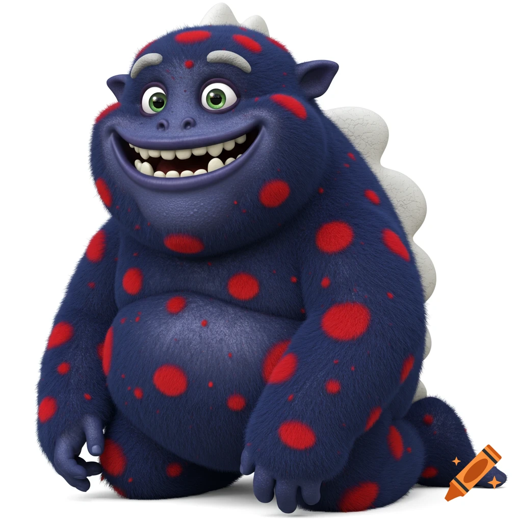 A friendly, obese navy blue fuzzy monster with red spots and white scales on its back, kneeling on a white background.