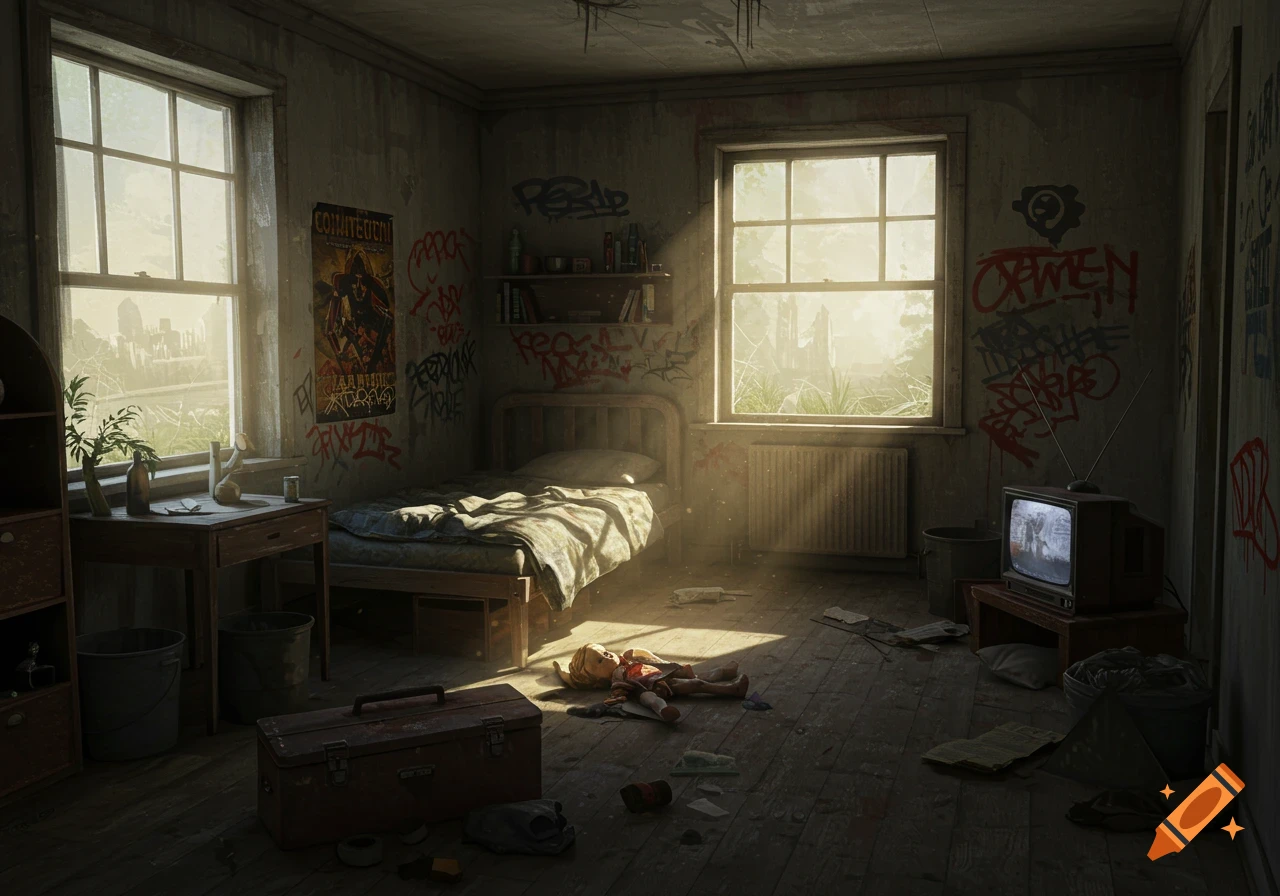 A photorealistic image of a desolate, post-apocalyptic bedroom with graffiti-covered walls, a worn bed, and a broken doll, lit by sunlight from two windows.