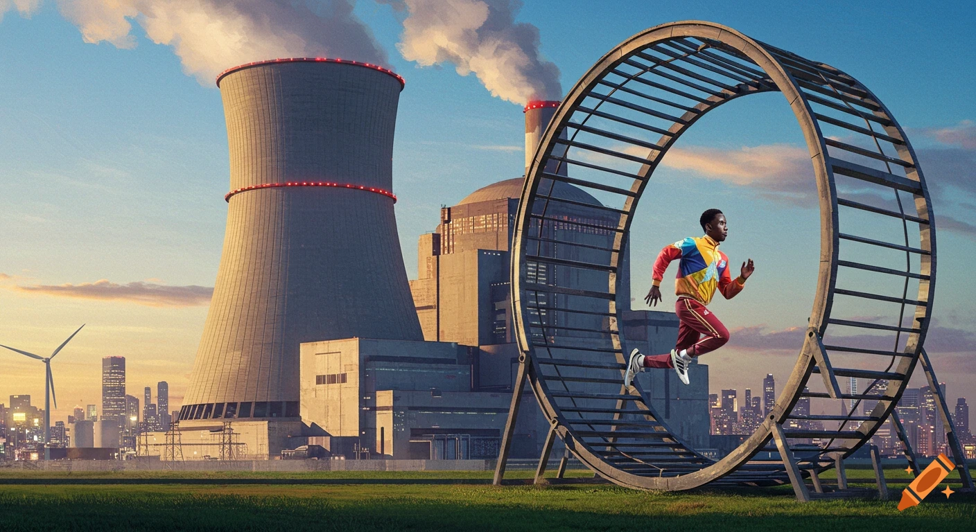 A man runs inside a giant hamster wheel in a field with a nuclear power plant and city skyline in the background, daytime.