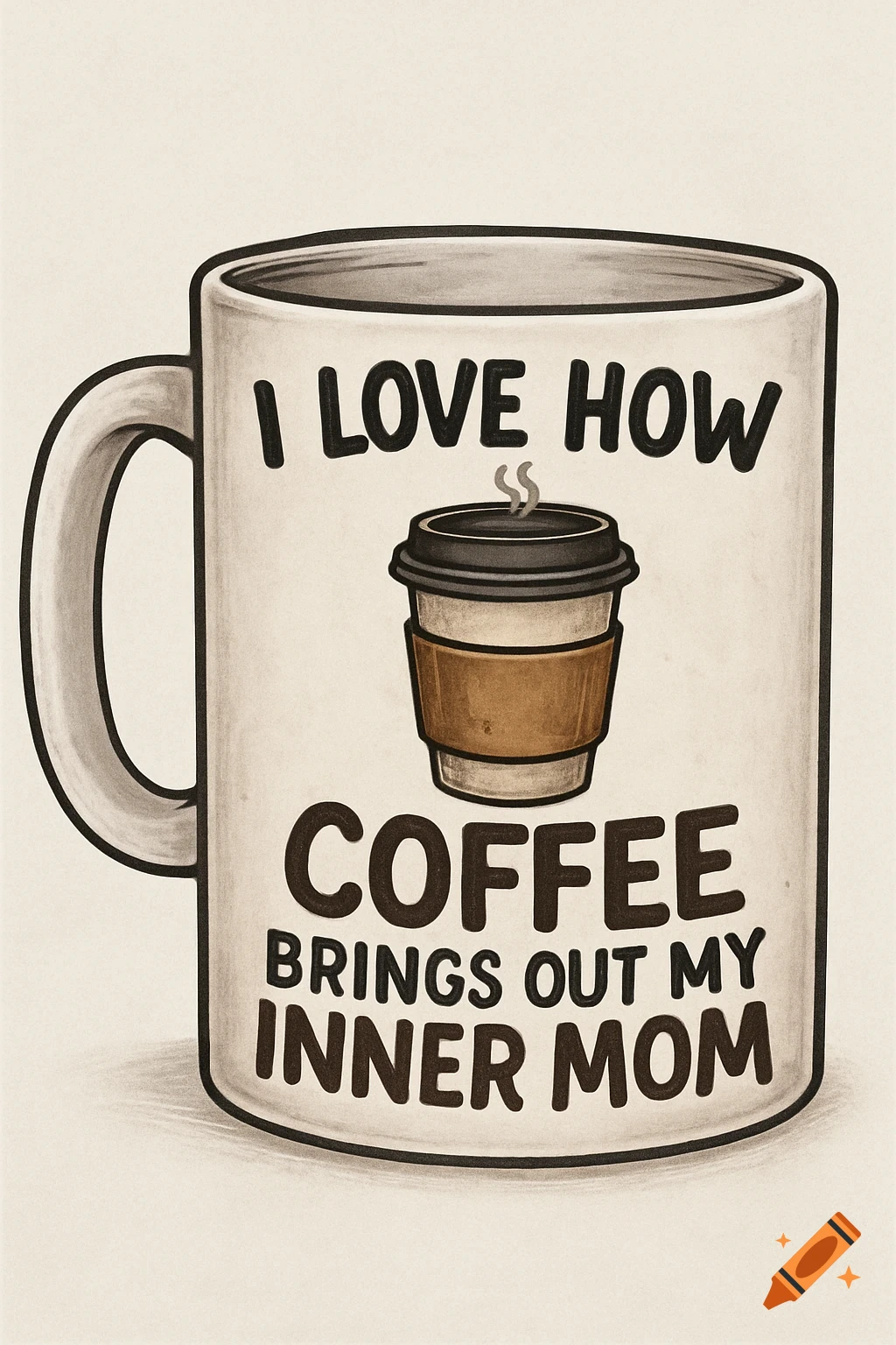 White coffee mug with a drawing of a takeout coffee cup and text: 'I LOVE HOW COFFEE BRINGS OUT MY INNER MOM' in a sketch style.