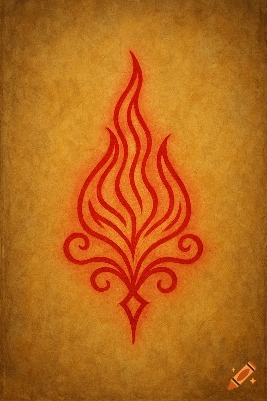 A stylized, glowing red flame symbol with calligraphic and geometric elements, centered on a warm golden-tan textured background like old parchment.