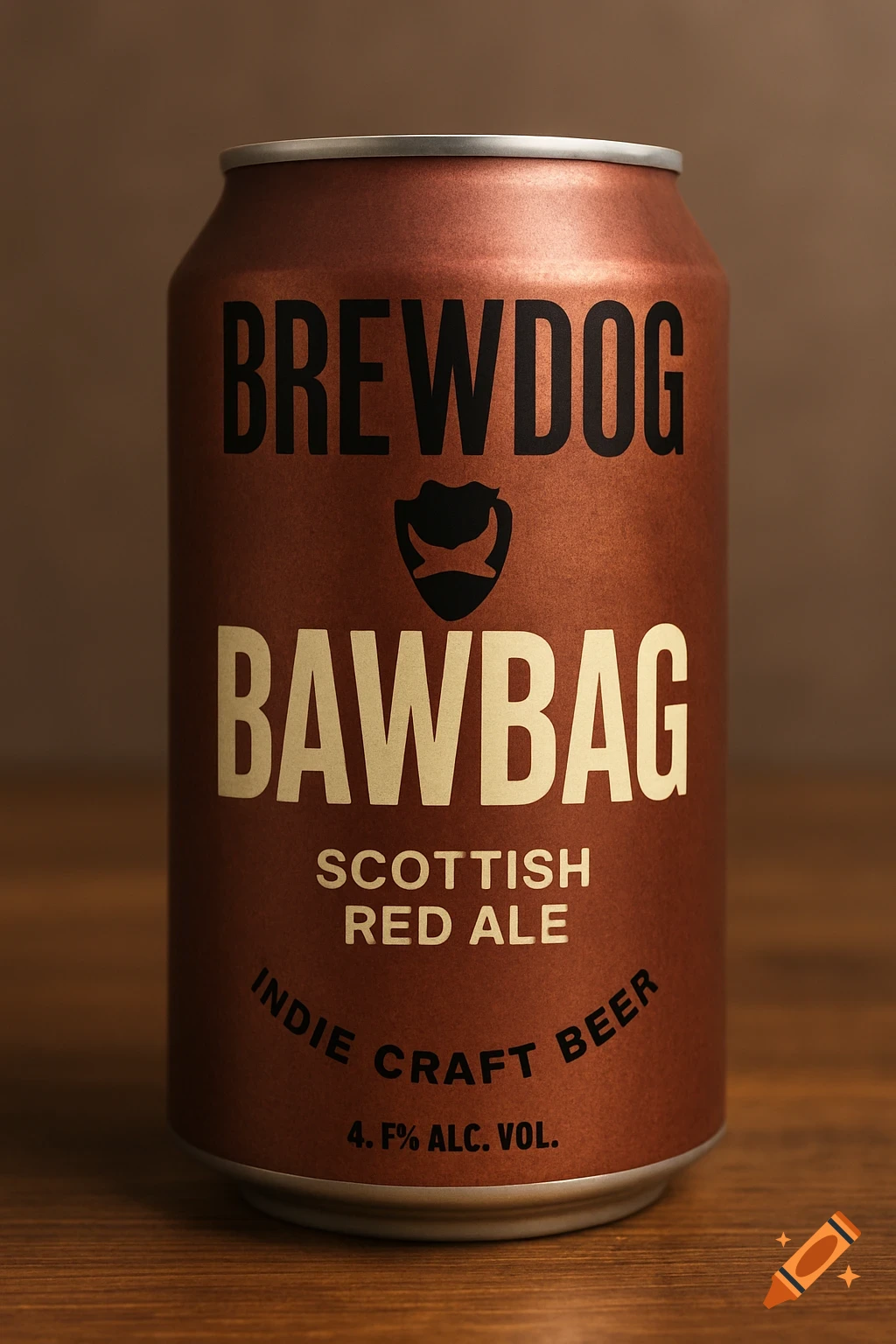 A close-up shot of a copper-colored BrewDog Bawbag Scottish Red Ale beer can on a wooden surface.