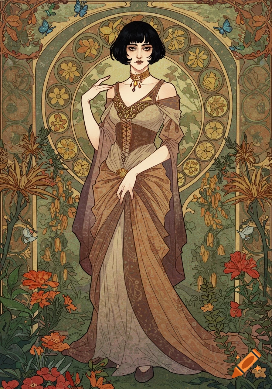 A woman with short black hair in an elegant Art Nouveau style dress, surrounded by ornate patterns, plants, and butterflies.