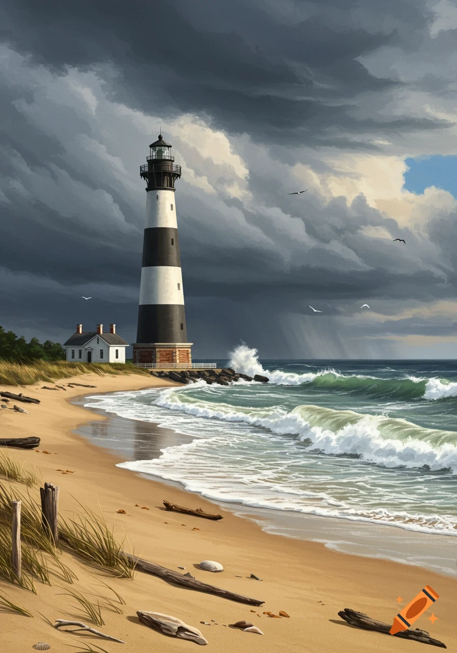 A lighthouse stands on a sandy beach with crashing waves under a dramatic, stormy sky.