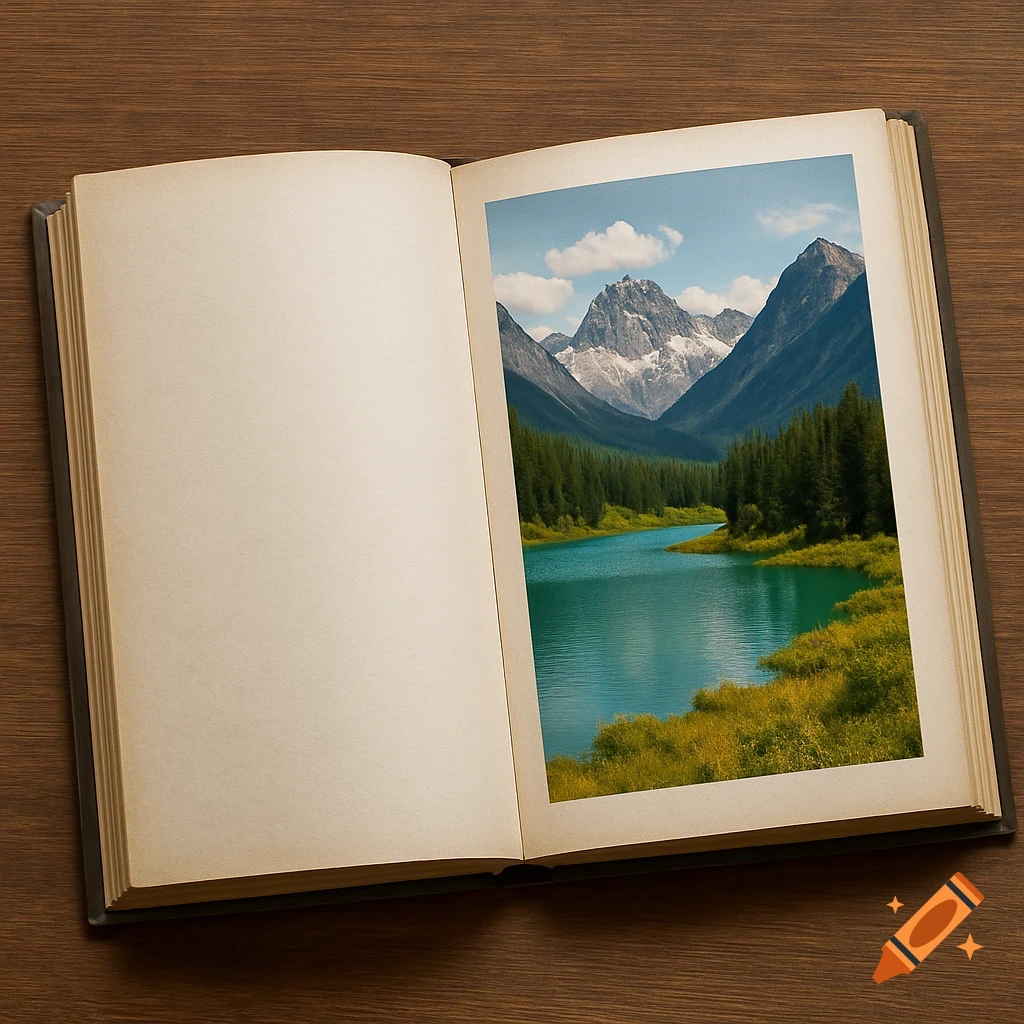 An open book on a wooden table displays a scenic mountain landscape with a turquoise river and green forests on the right page, with a blank left page.