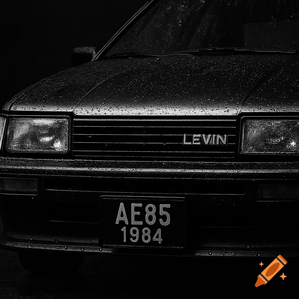 Close-up, black and white, high-contrast shot of the front of a 1984 Toyota AE85 Levin, covered in water droplets.