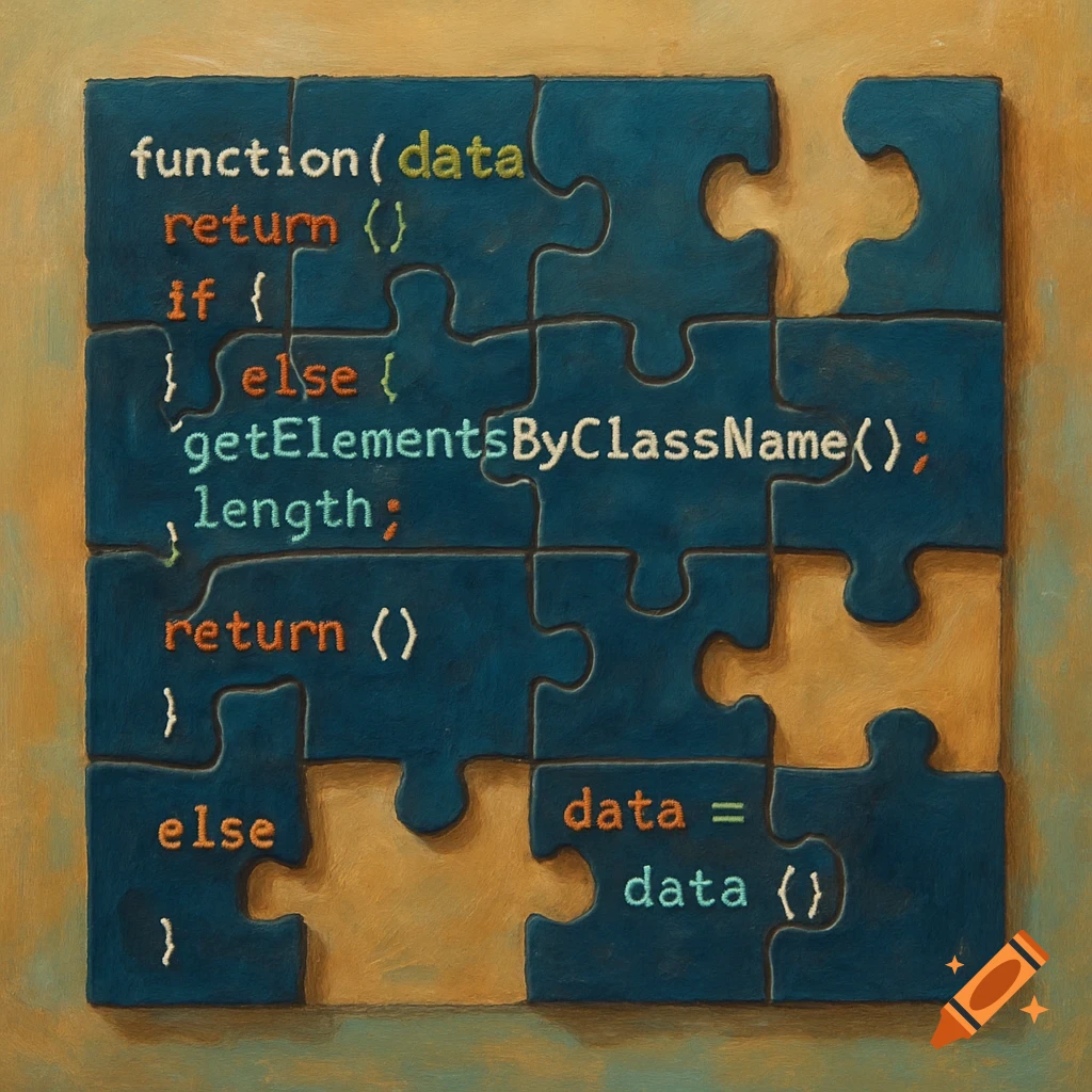 Software code is fragmented across blue puzzle pieces, some of which are missing, on a textured background.