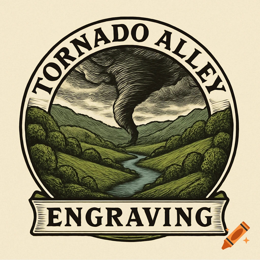 Circular logo in engraving style of a tornado over a valley with green hills and a river, text reads 'TORNADO ALLEY ENGRAVING'.
